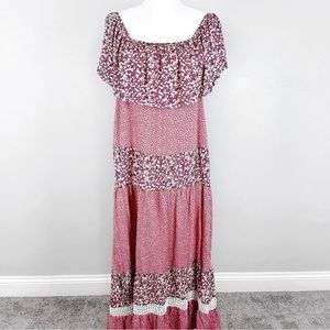 easel pink floral tiered maxi dress